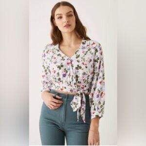 46. Frank And Oak Floral Wrap Blouse - White, Purple, Red, and Green
